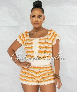 Vendor-unknown JUST IN Ferran Ivory Orange Chevron Crochet Top & Shorts Set