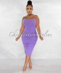 Chic Couture Online JUST IN Zerada Lavender Mesh Ruched Midi Dress