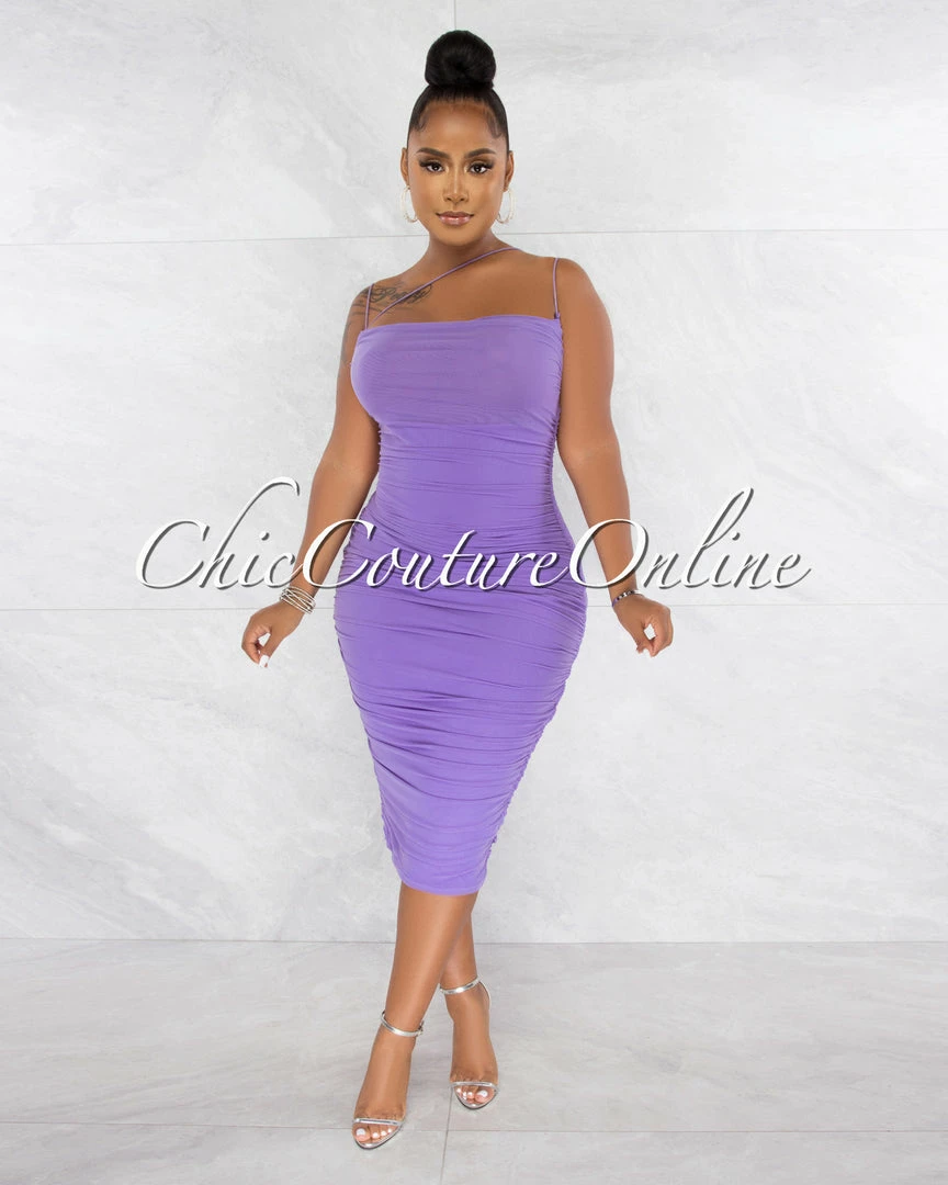 Chic Couture Online JUST IN Zerada Lavender Mesh Ruched Midi Dress