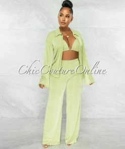 Chic Couture Online Zayda Sage Crop Top Cover-Up & Wide Pants 3 Piece Set JUST IN