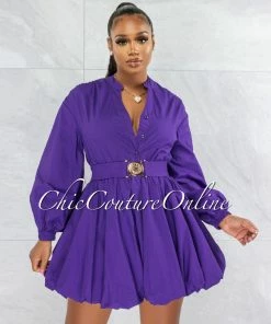 Vendor-unknown Bebba Purple Bubble Style Gold Belt Dress
