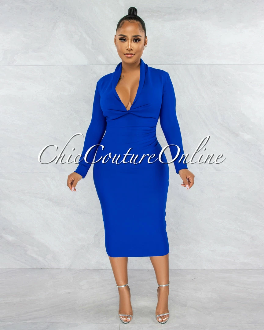 Vendor-unknown Athina Royal Blue Draped Details Bandage Midi Dress JUST IN