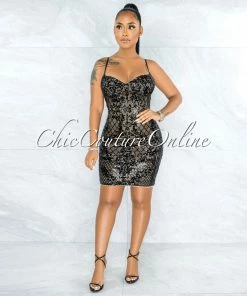 Vendor-unknown Espara Black Sequins Nude Illusion Padded Cups Dress JUST IN
