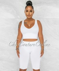 Chic Couture Online JUST IN Jaiden White Ribbed Crop Top & Bike Shorts Set