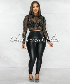 Vendor-unknown Cascada Black Rhinestones Mesh Crop Top JUST IN