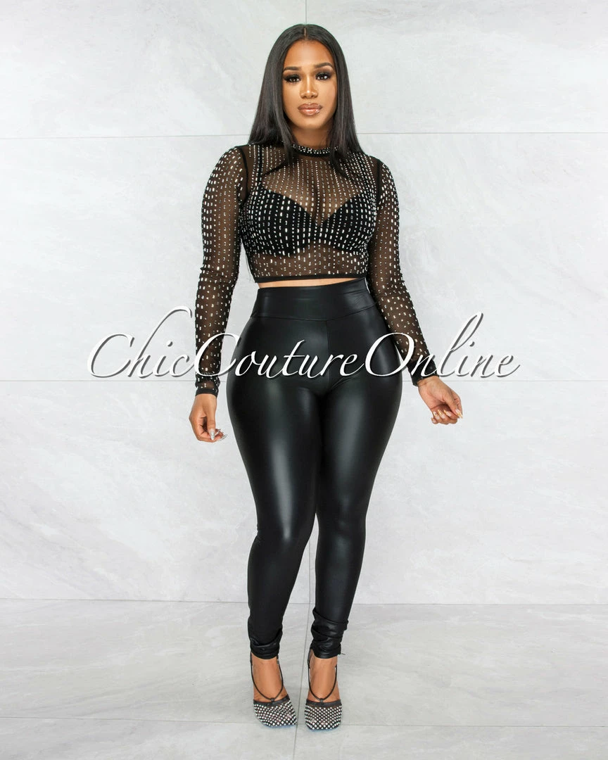 Vendor-unknown Cascada Black Rhinestones Mesh Crop Top JUST IN