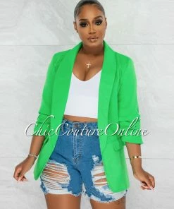Chic Couture Online Drake Kelly Green Long Sleeves Boyfriend Blazer