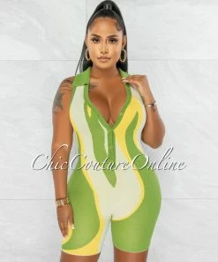 Chic Couture Online JUST IN Camille Green Nude Yellow Retro Knit Romper