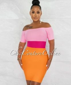 Chic Couture Online Murielle Pink Orange Block Color Bandage Mini Dress JUST IN