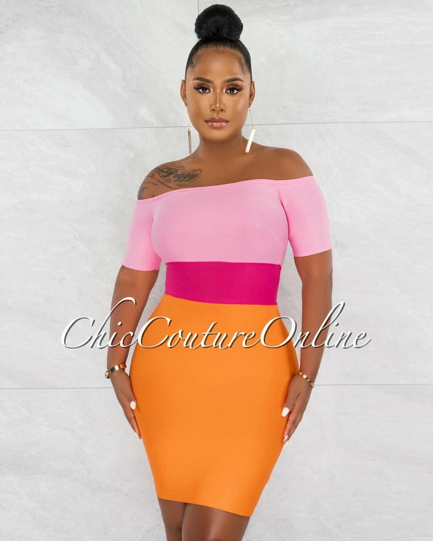 Chic Couture Online Murielle Pink Orange Block Color Bandage Mini Dress JUST IN