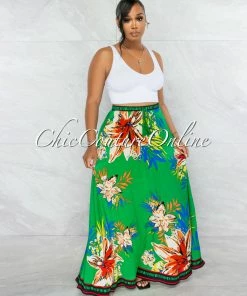 Vendor-unknown JUST IN Jayna Kelly Green Tropical Floral Print Maxi Skirt