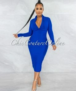 Vendor-unknown Athina Royal Blue Draped Details Bandage Midi Dress JUST IN
