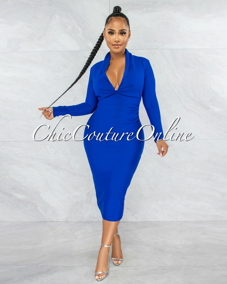 Vendor-unknown Athina Royal Blue Draped Details Bandage Midi Dress JUST IN