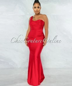 Chic Couture Online JUST IN Fernanda Red Single Shoulder Draped Maxi Dress