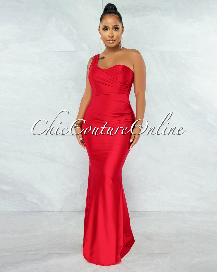 Chic Couture Online JUST IN Fernanda Red Single Shoulder Draped Maxi Dress