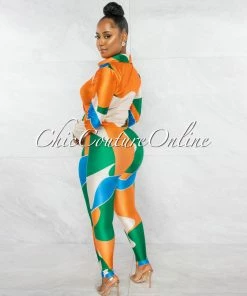 Chic Couture Online Paulina Orange Nude Print Buttoned Top & Leggings Set JUST IN