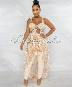 Vendor-unknown Kiarah Nude Embroidery Mesh Top & Pants Set JUST IN