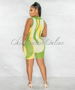 Chic Couture Online JUST IN Camille Green Nude Yellow Retro Knit Romper