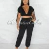 Chic Couture Online JUST IN Tendai Black Silver Snaps Straps Crop Top & Joggers Set