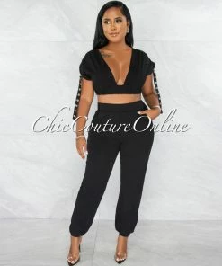 Chic Couture Online JUST IN Tendai Black Silver Snaps Straps Crop Top & Joggers Set