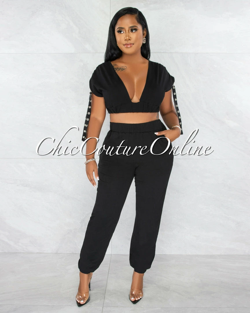 Chic Couture Online JUST IN Tendai Black Silver Snaps Straps Crop Top & Joggers Set