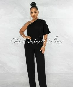 Vendor-unknown Gared Black Singled Sleeve Waist Key-Hole Jumpsuit
