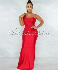 Chic Couture Online JUST IN Fernanda Red Single Shoulder Draped Maxi Dress
