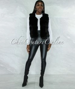 Vendor-unknown Ventana Black Faux Fur Short Vest CLOTHING