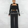 Chic Couture Online Gianna Black Padded Shoulders Gold Belt Luxe Jumpsuit JUST IN