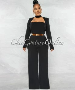 Chic Couture Online Gianna Black Padded Shoulders Gold Belt Luxe Jumpsuit JUST IN