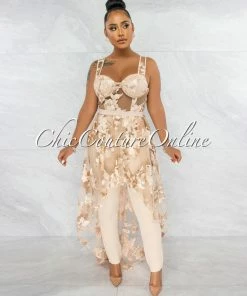 Vendor-unknown Kiarah Nude Embroidery Mesh Top & Pants Set JUST IN
