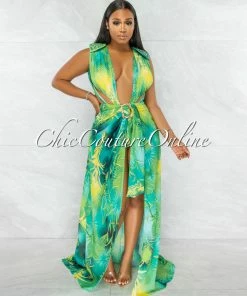 Chic Couture Online JUST IN Siren Green Palm Print Rhinestones Luxe Swimsuit & Cover-up