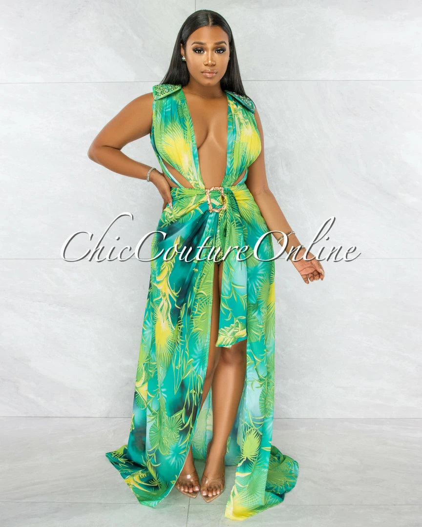 Chic Couture Online JUST IN Siren Green Palm Print Rhinestones Luxe Swimsuit & Cover-up