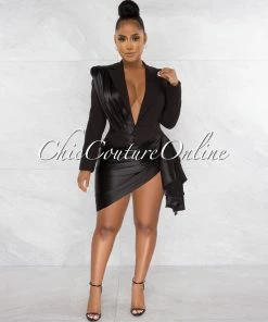 Chic Couture Online JUST IN Vilina Black Silky Draped Overlay Bodysuit Dress