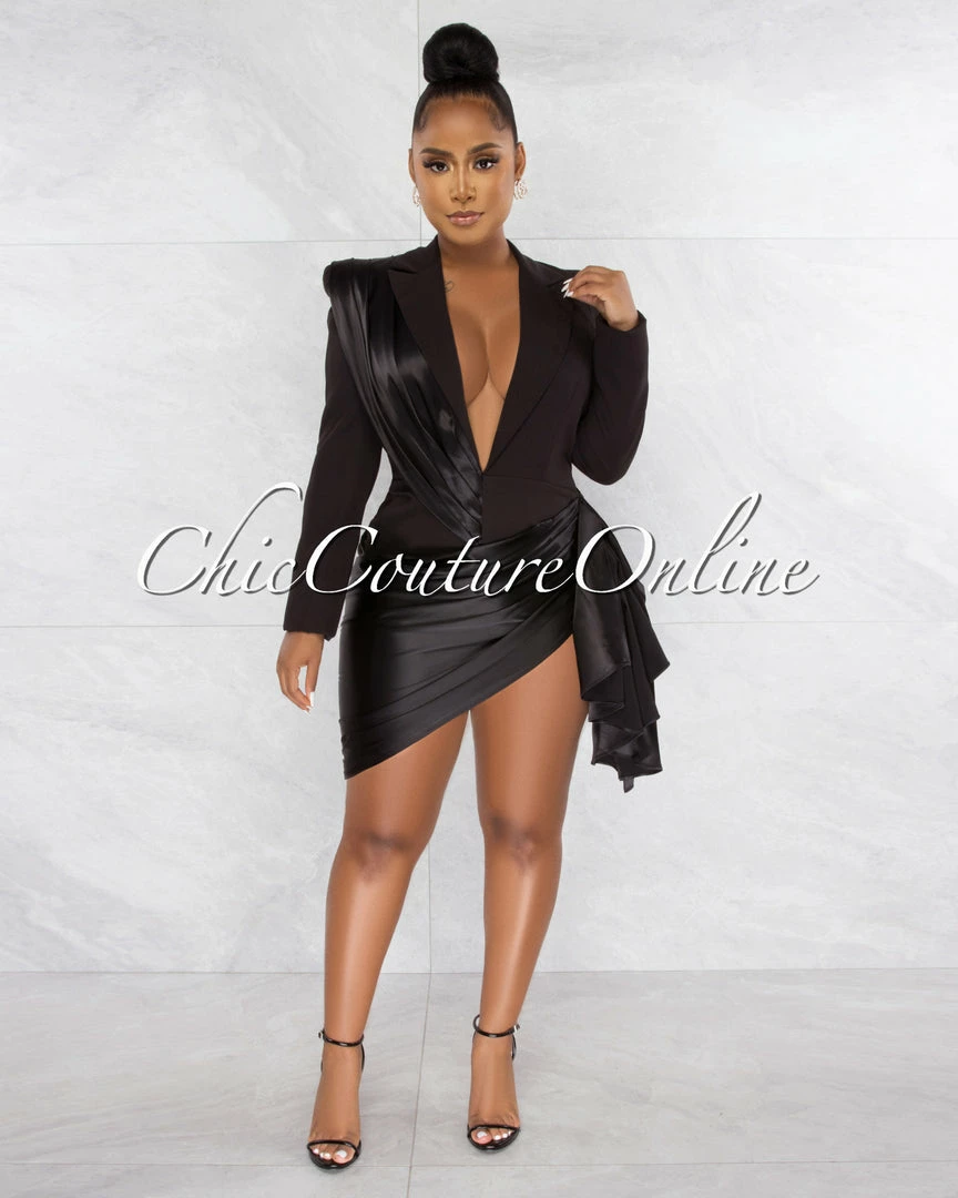 Chic Couture Online JUST IN Vilina Black Silky Draped Overlay Bodysuit Dress