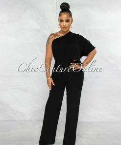 Vendor-unknown Gared Black Singled Sleeve Waist Key-Hole Jumpsuit