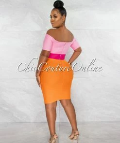 Chic Couture Online Murielle Pink Orange Block Color Bandage Mini Dress JUST IN