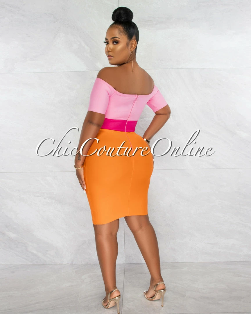 Chic Couture Online Murielle Pink Orange Block Color Bandage Mini Dress JUST IN