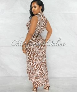 Vendor-unknown Pilani Brown White Zebra Buttons Drape Shirt Hi-Lo Dress JUST IN