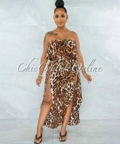 Vendor-unknown JUST IN Zemalla Leopard Print Ruffle Strapless Slits Jumpsuit