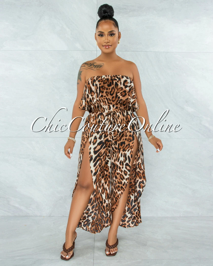 Vendor-unknown JUST IN Zemalla Leopard Print Ruffle Strapless Slits Jumpsuit