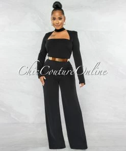 Chic Couture Online Gianna Black Padded Shoulders Gold Belt Luxe Jumpsuit JUST IN