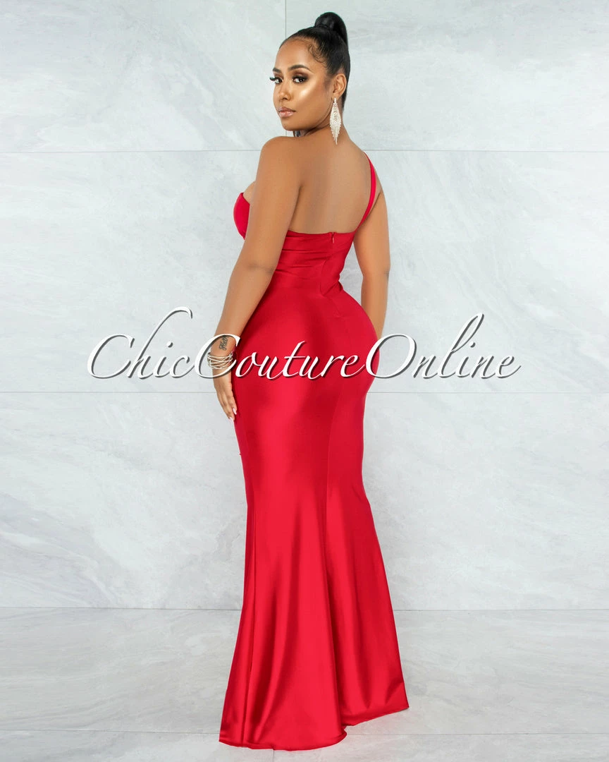 Chic Couture Online JUST IN Fernanda Red Single Shoulder Draped Maxi Dress