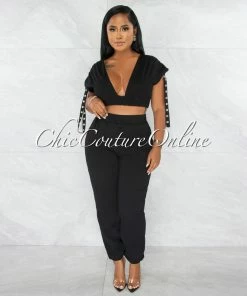 Chic Couture Online JUST IN Tendai Black Silver Snaps Straps Crop Top & Joggers Set