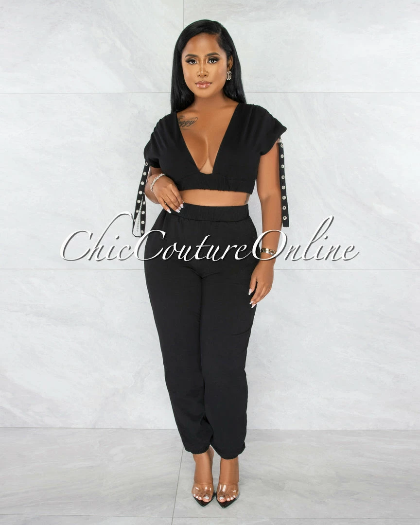 Chic Couture Online JUST IN Tendai Black Silver Snaps Straps Crop Top & Joggers Set