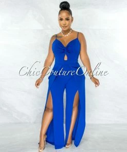 Chic Couture Online JUST IN Destiny Royal Blue Bust Key-Hole Knot Slit Legs Jumpsuit