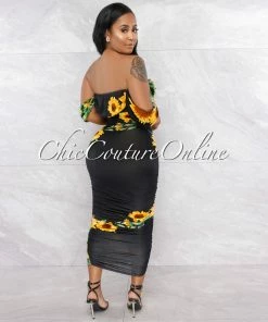 Vendor-unknown Norvel Black Sunflower Print Ruched Midi Dress JUST IN