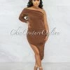 Vendor-unknown JUST IN Brendy Brown Ruched Single Long Sleeve Dress