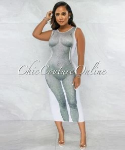 Vendor-unknown Raquelia White Green Body Graphic Midi Dress JUST IN