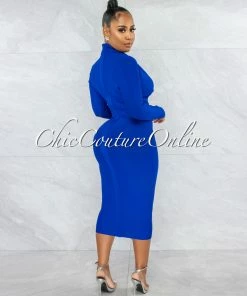 Vendor-unknown Athina Royal Blue Draped Details Bandage Midi Dress JUST IN